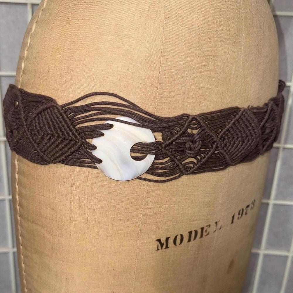 Brown Woven Braided Jute Beaded Thick Wide Belt‎ Boho Festival Y2K 90s Vintage